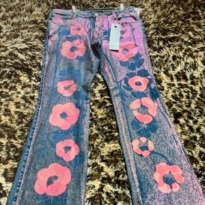 Floral Print Women's Flare Jeans - Pink and Blue